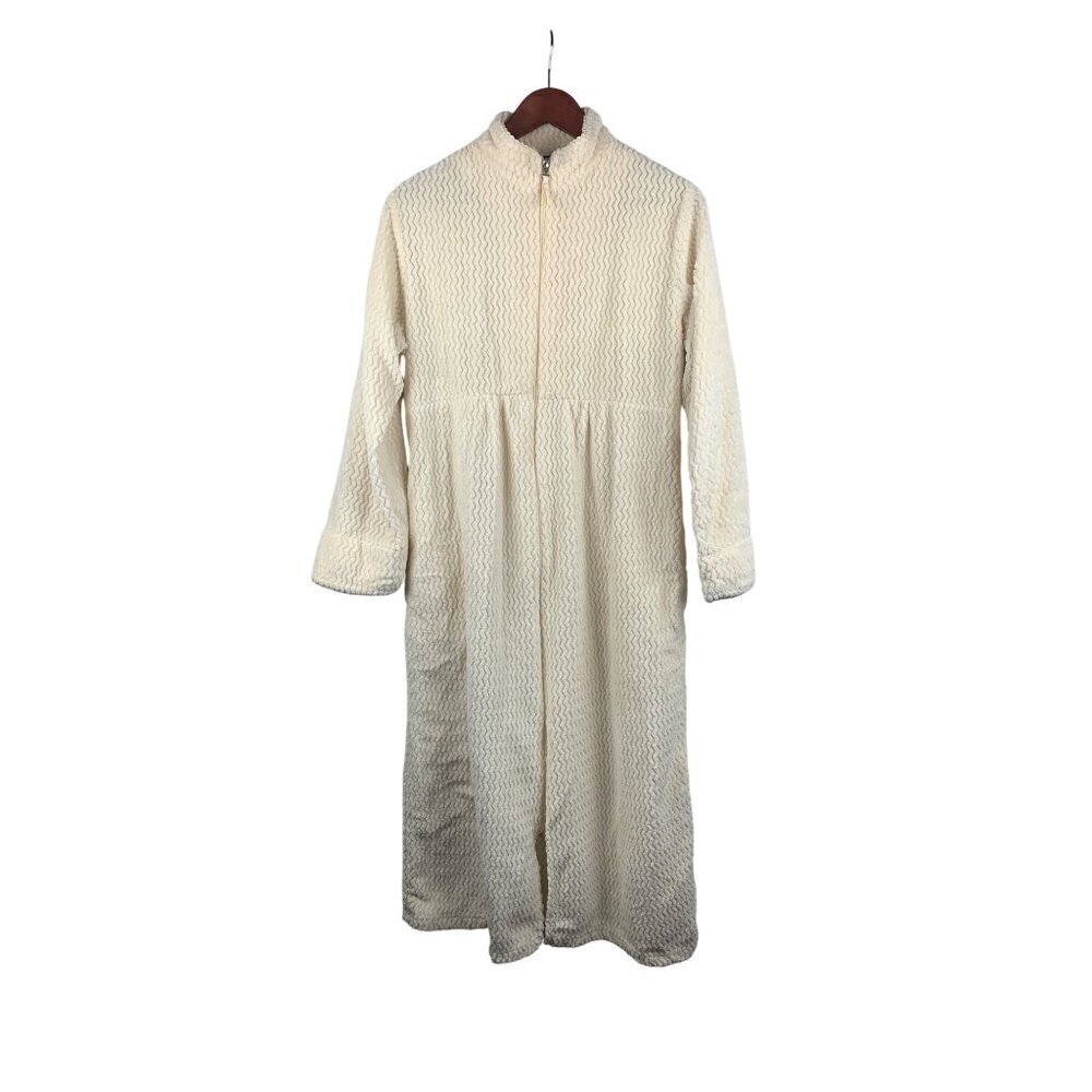 Stan Herman XS Cream Full Zip Long Robe With Textured Pattern
